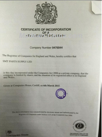 Chine SMT PARTS SUPPLY LTD Certifications